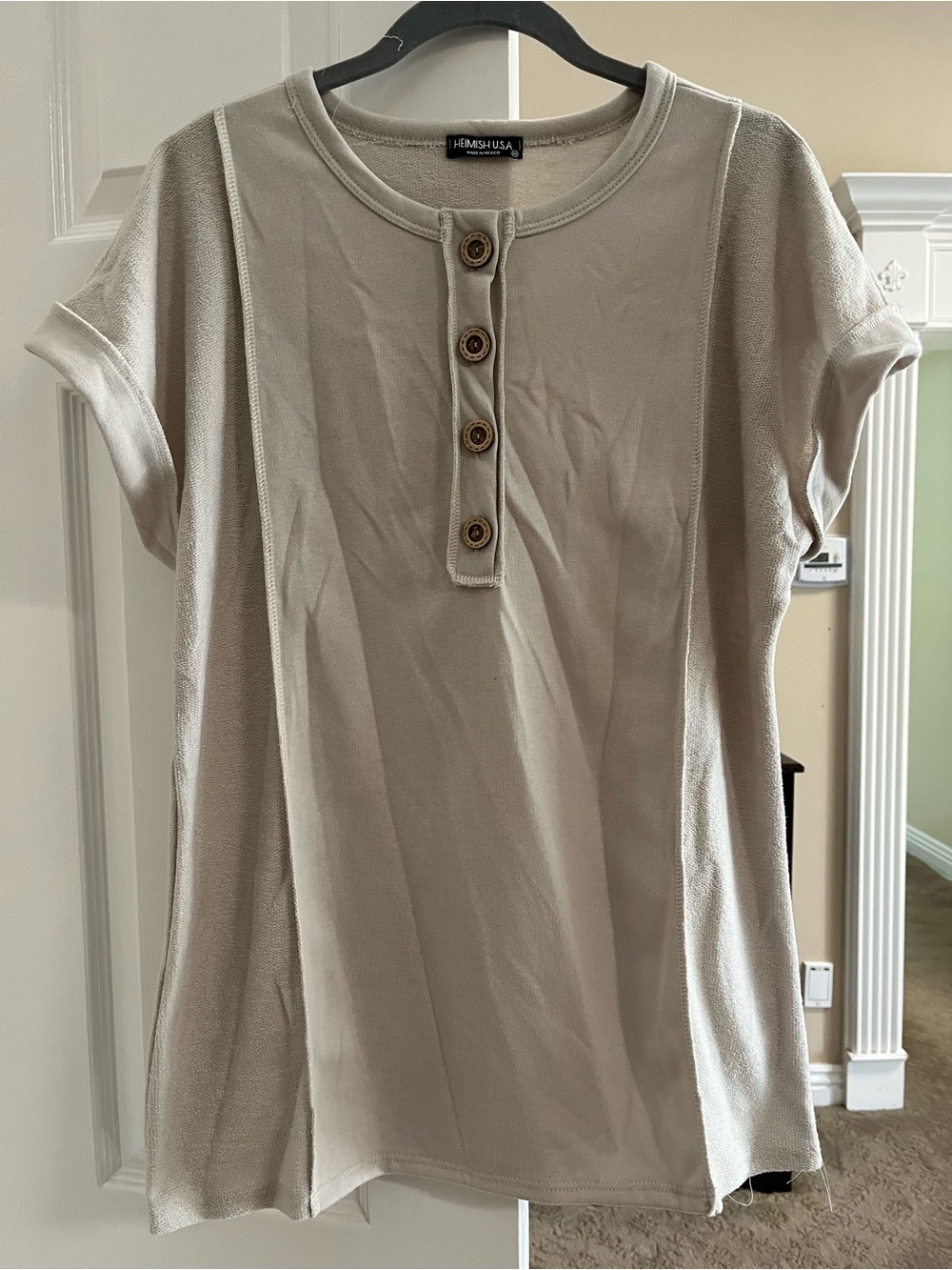 Heimish USA Beige Short Sleeve Henley Top with Button Detail